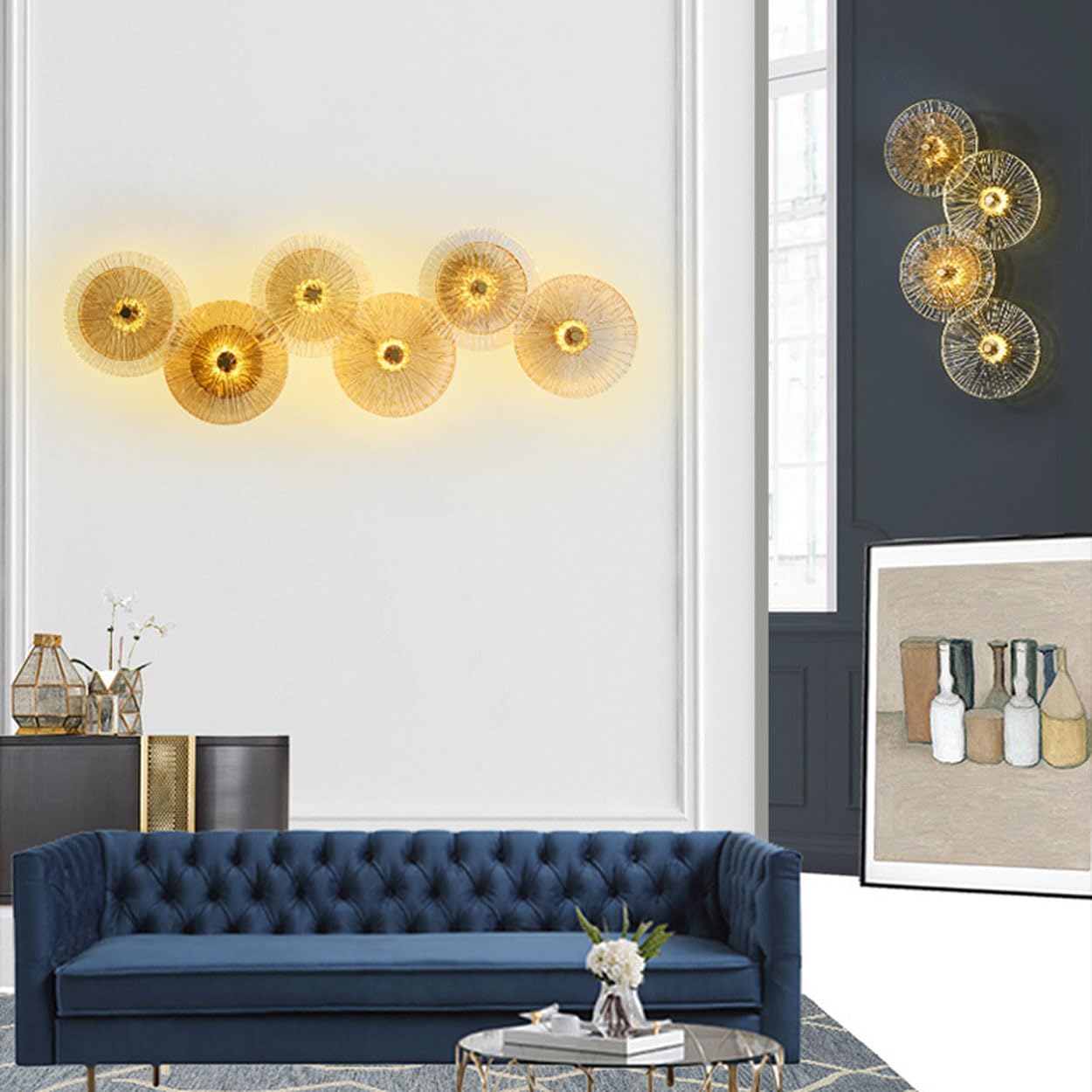 Aplique de Pared de Cristal Dorado, luz de Pared de Vidrio ámbar con Forma de Disco Moderno, Montaje en Pared, Accesorios de lámpara de Pared de tocador Interior para Dormitorio