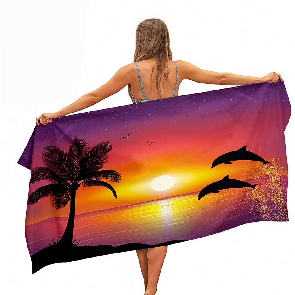 Surwin Girls Sunset Beach Bath Towel, Jump Dolphin Print Microfibre Quick Dry Extra Large Lightweight Super Soft Summer Towels For Travel Vacation Pool Swim Or Sports Fitness (,80X160cm)