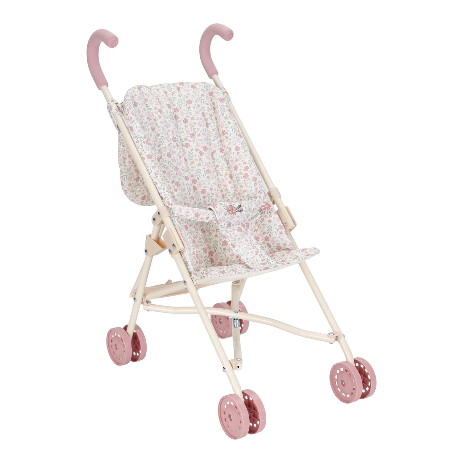 Little Dutch Cochecito de muñecas plegable de metal con asas suaves y bolsa – para muñecas de 33-46 cm, Soft Flowers rosa/blanco