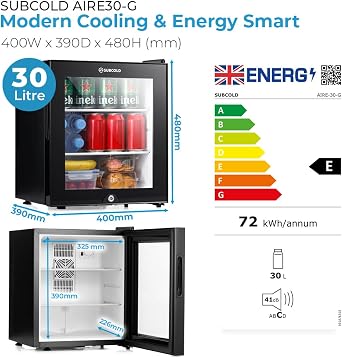 Subcold Aire30-G 30L LED Mini Fridge | Table Top Refrigerator | Quiet Frost Free Fridge for Bedrooms & Hotels | Lockable with Glass Door & Interior LED Light (Black) [Energy Class E]
