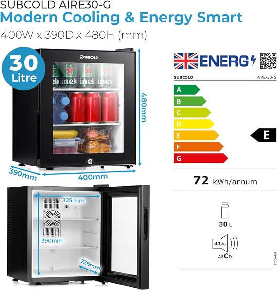Subcold Aire30-G 30L LED Mini Fridge | Table Top Refrigerator | Quiet Frost Free Fridge for Bedrooms & Hotels | Lockable with Glass Door & Interior LED Light (Black) [Energy Class E]