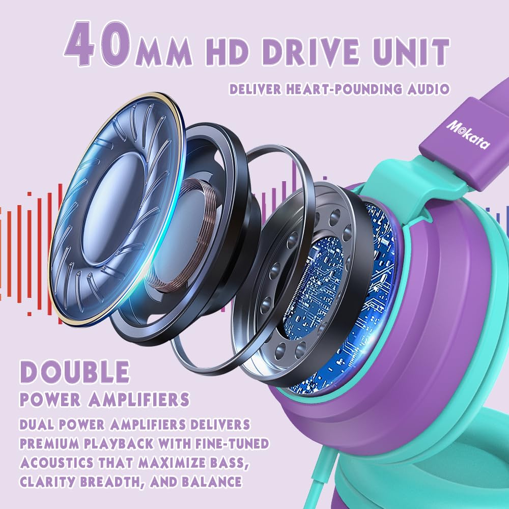 Mokata Auriculares para niños, volumen limitado, 85/96 dB, con cable, plegables, con cable en línea, cable auxiliar de 3,5 mm, micrófono para niño, niña, escuela, PC, portátil, tablet, color morado