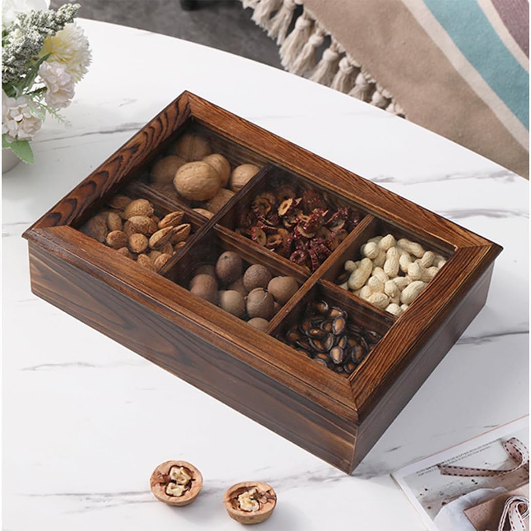 Vassoio per Frutta secca in Legno di Noce con Coperchio Trasparente, Vassoio per Cibo con Griglie da Pranzo, Vassoio per Piatti per Dessert, Frutta, Verdura, per Feste, cene in Famiglia 4 (6)