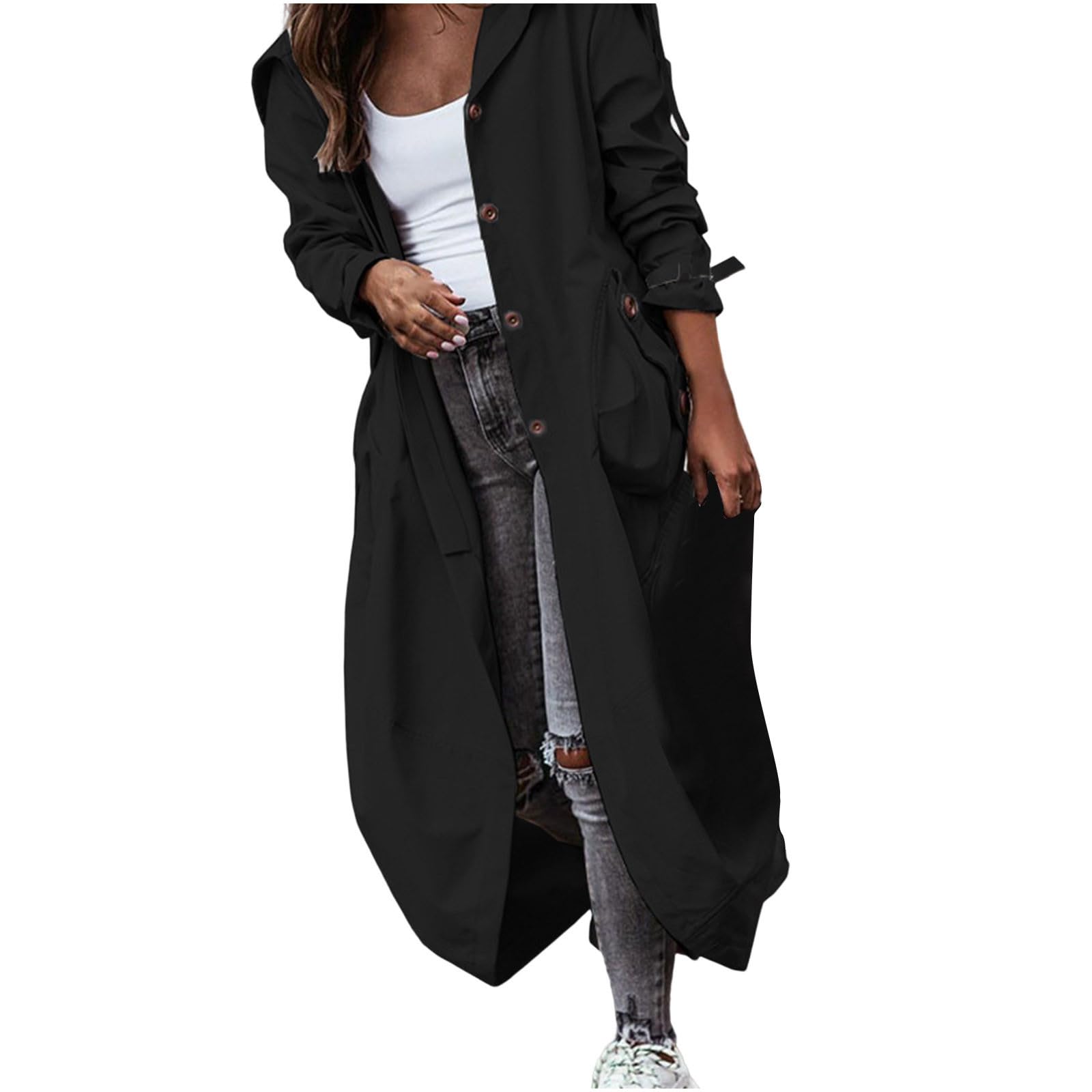 Uillui Long Trench Coat for Women Relax Fit Baggy Hooded Overcoat Fashion Windbreaker Jackets Open Front Fall Winter
