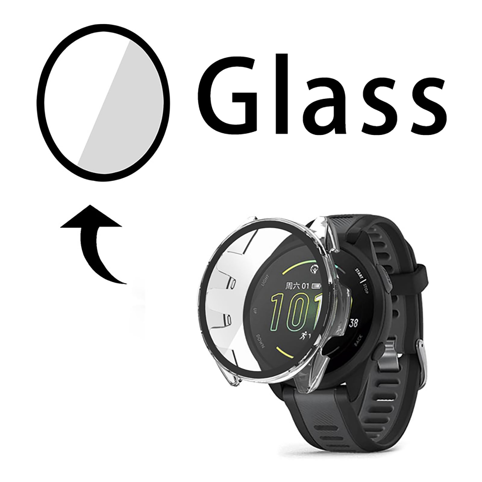 GIOPUEY [2-pak etui kompatybilne z zegarkiem Garmin Forerunner 165, szklana folia ochronna + twarda plastikowa ramka, pokrowiec do Garmin Forerunner 165 - czarne + czarne