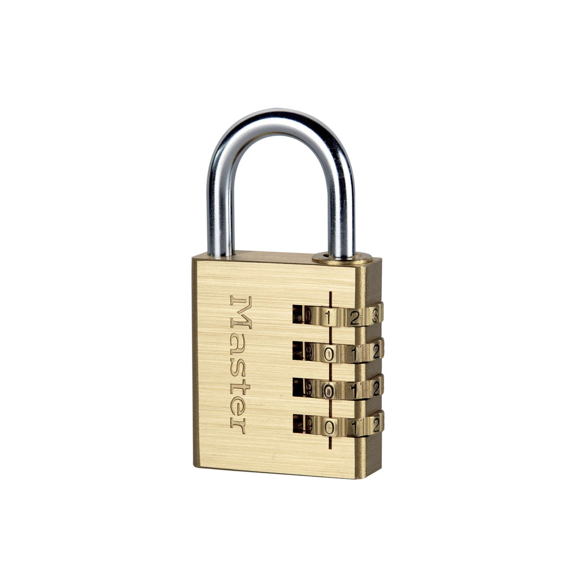 Master Lock 40mm combination padlock securing a wooden cabinet