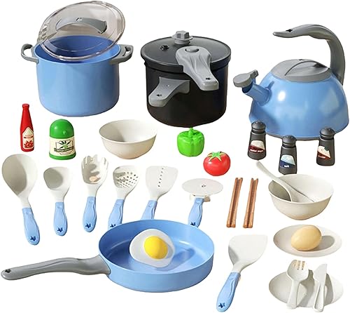 Juego de cocina de 32 piezas para niños de 3 años en adelante, juguetes de cocina con ollas, sartenes y comida de juego, regalo de aprendizaje para