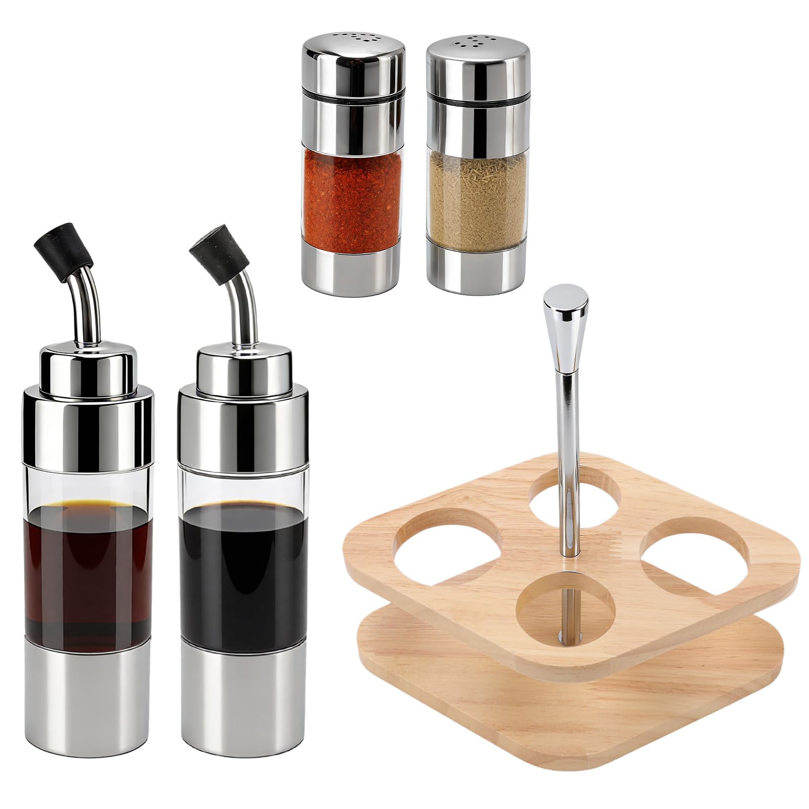 Set 5 Pezzi Olio E Aceto Con Supporto – Bottiglie In Vetro E Acciaio, Per Sale E Pepe