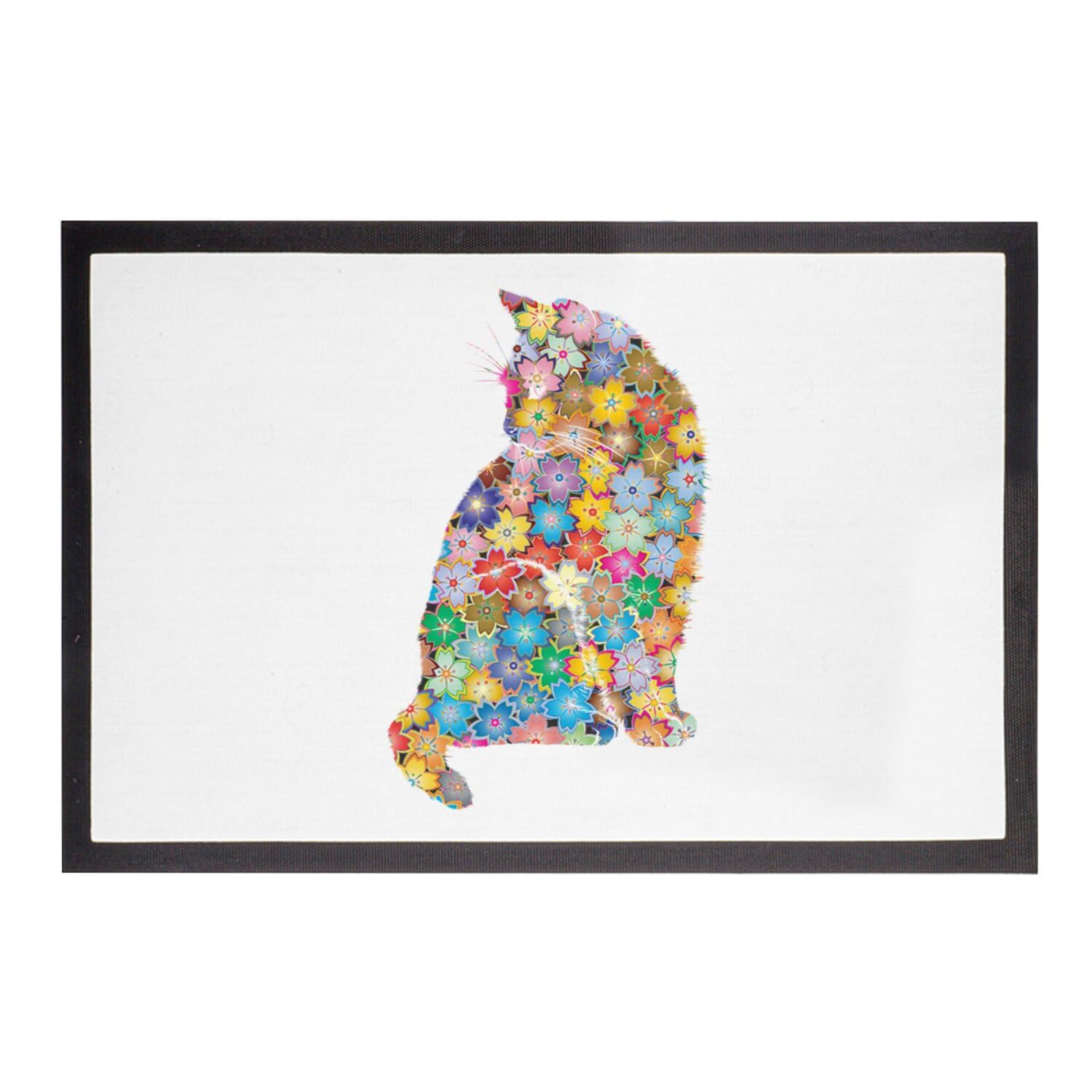 Paillasson chat fait de fleurs multicolore illustration 75x50
