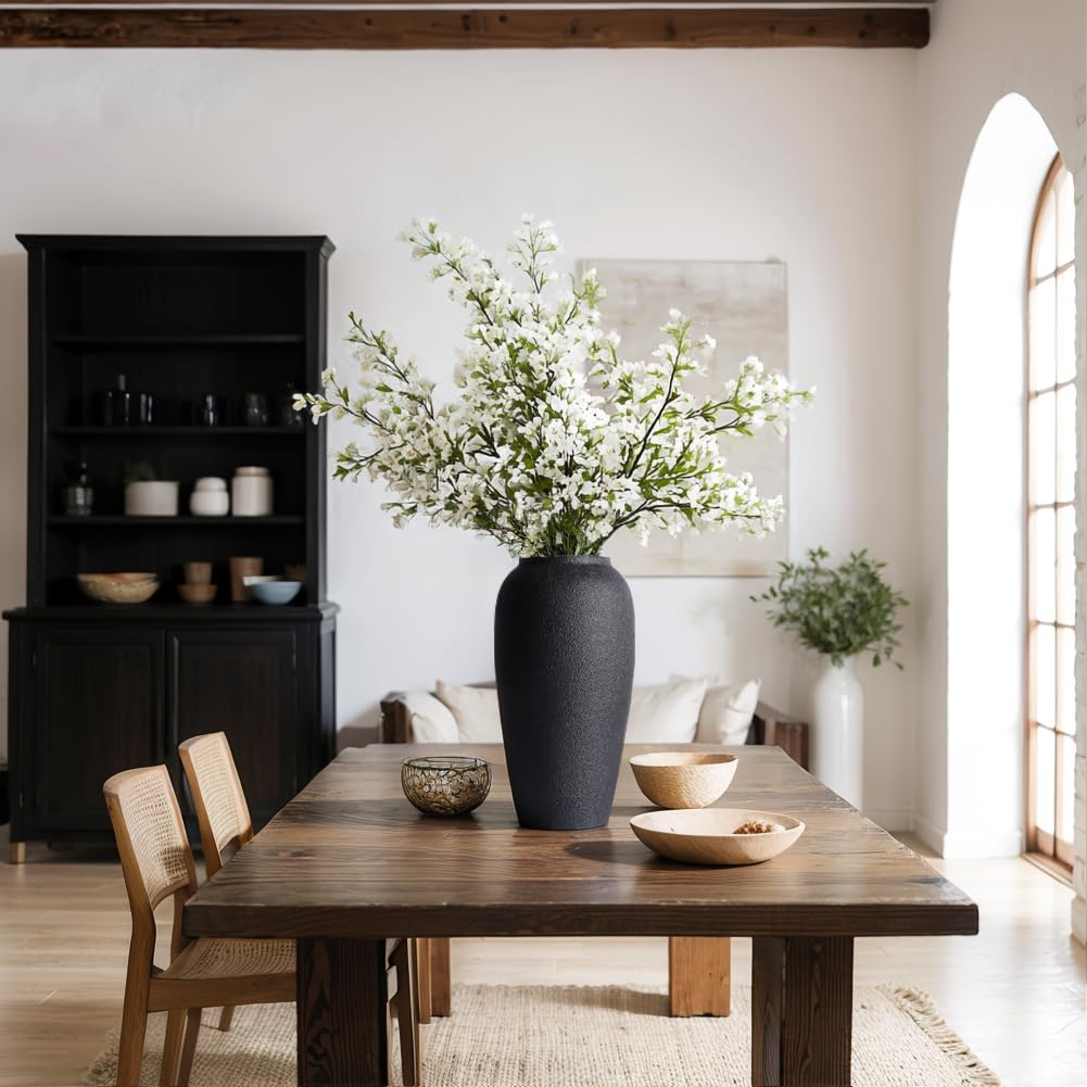 Jarrón de cerámica rústico – Jarrón grande de cerámica negra de 13.8 pulgadas para decoración del hogar, jarrón moderno de terracota para sala de estar, entrada, cocina, jarrones negros para centros