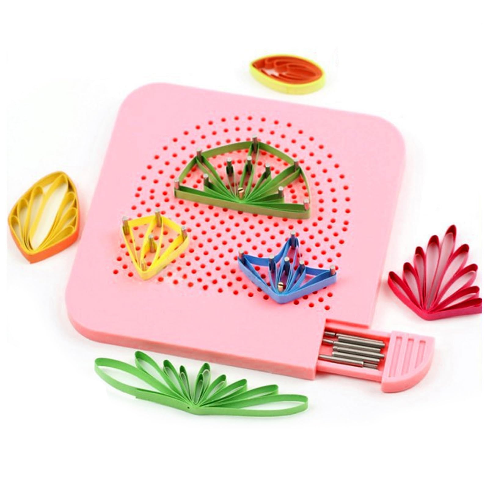 Quilling Guide Board with Storage Drawer, ABS Material, 20Pcs Pins Paper Strip Winding Disc for Crafts Making, Suitable for Various Shapes, Cards, Ornaments (Pink)