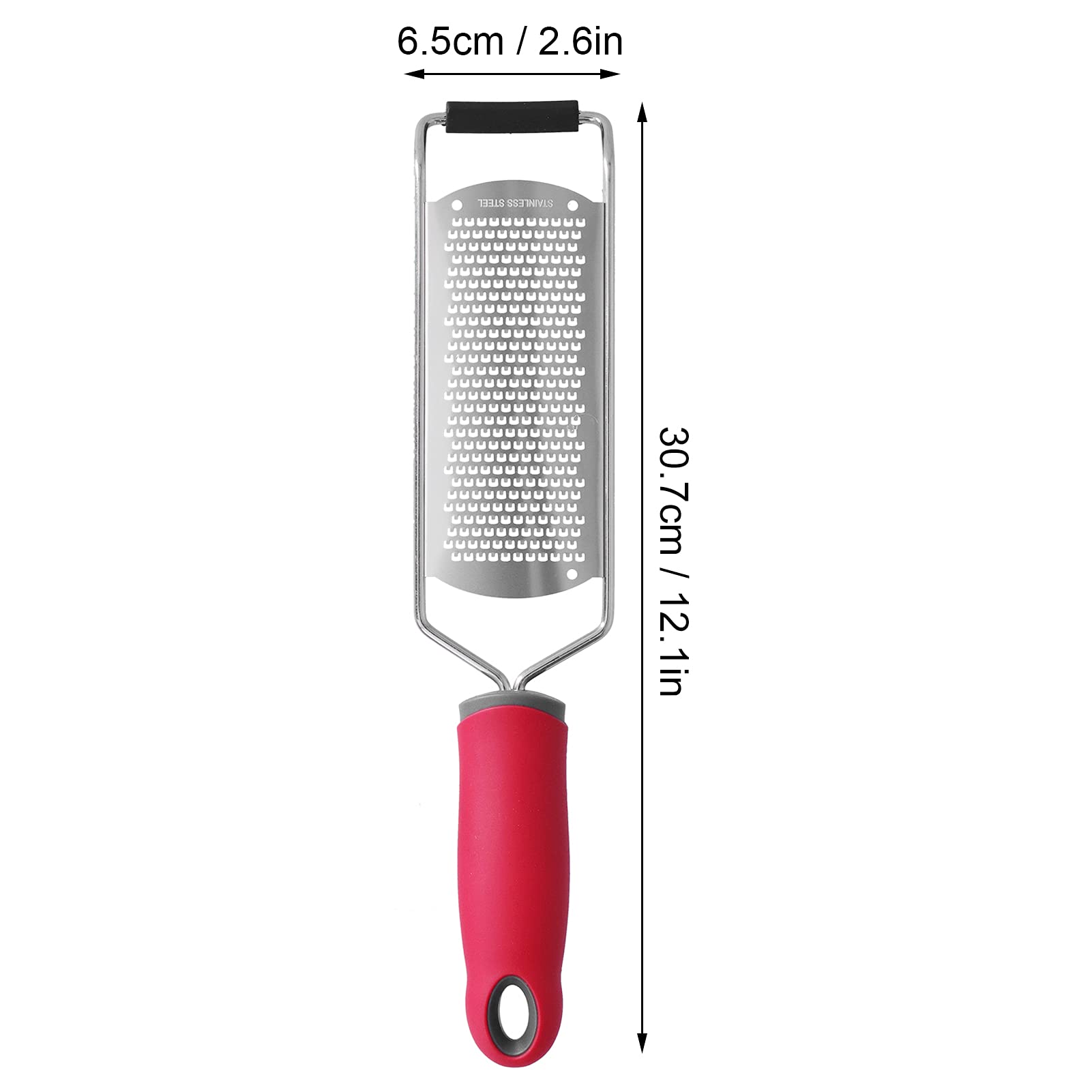 Stainless Steel Cheese Grater Multifucntional Lemon Chocolate Zester with Non Slip Handle Red Color 12.1x2.6in (Fine tooth planer)