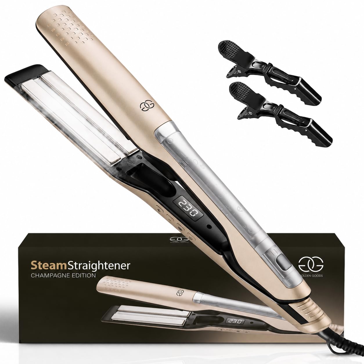 Piastra per Capelli a Vapore, Golden Goods Piastra capelli Professionale 2 in 1 Steampod, Vapore potente, Piastre Larghe, 10 temperature a 230 Gradi, Cavo 2 m