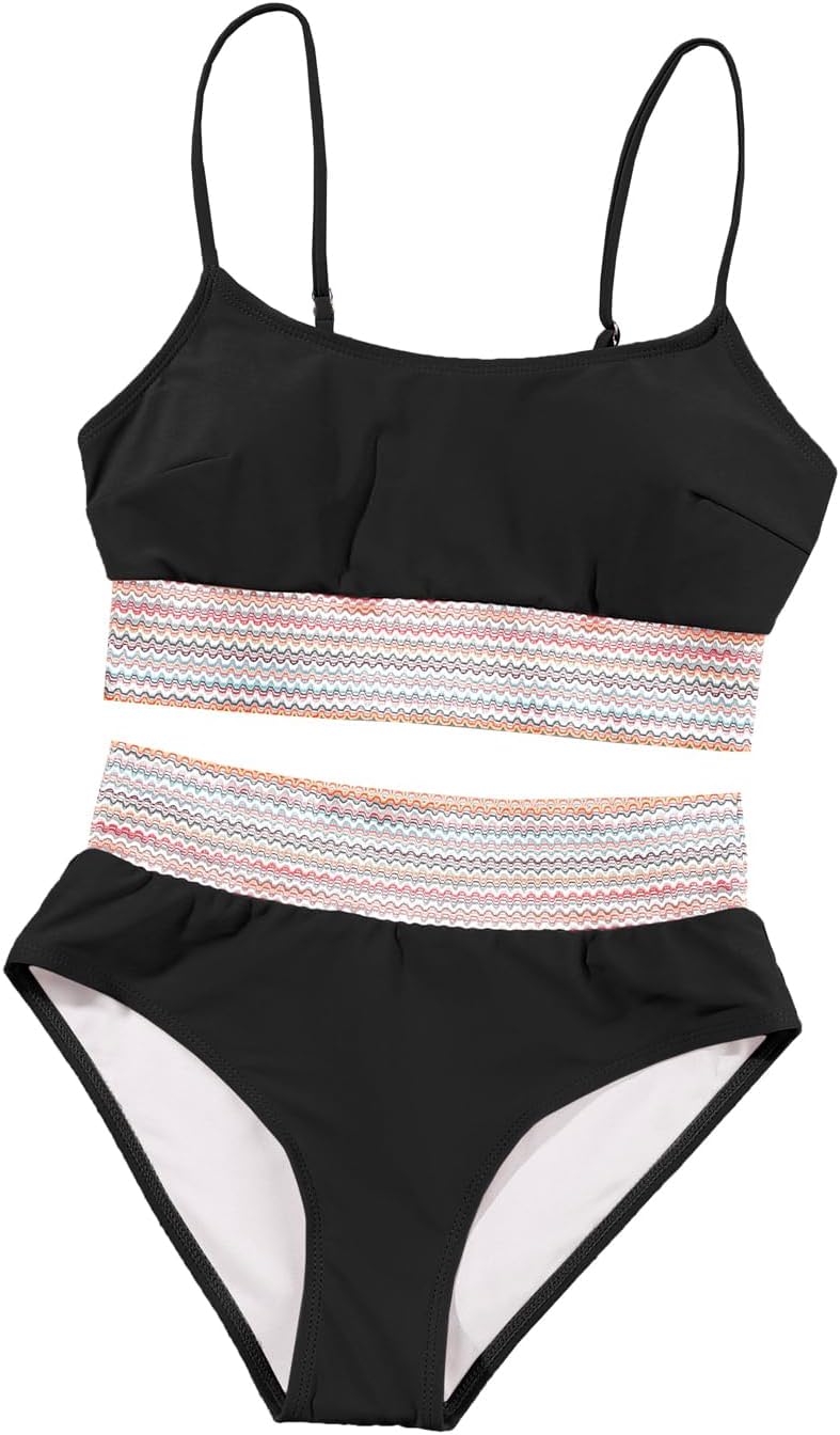 Trendy Black Striped Patchwork Swimsuit with High Waist Design