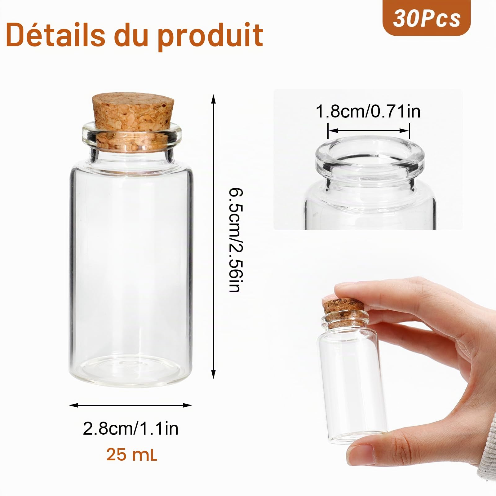 30 Pièces mini bouteilles en verre 25ml, flacons en verre avec Bouchons en Liège Mini Fiole Verre pour mariage, Bouteilles miniatures vides pour d'épices fête décoration de bricolage cadeaux