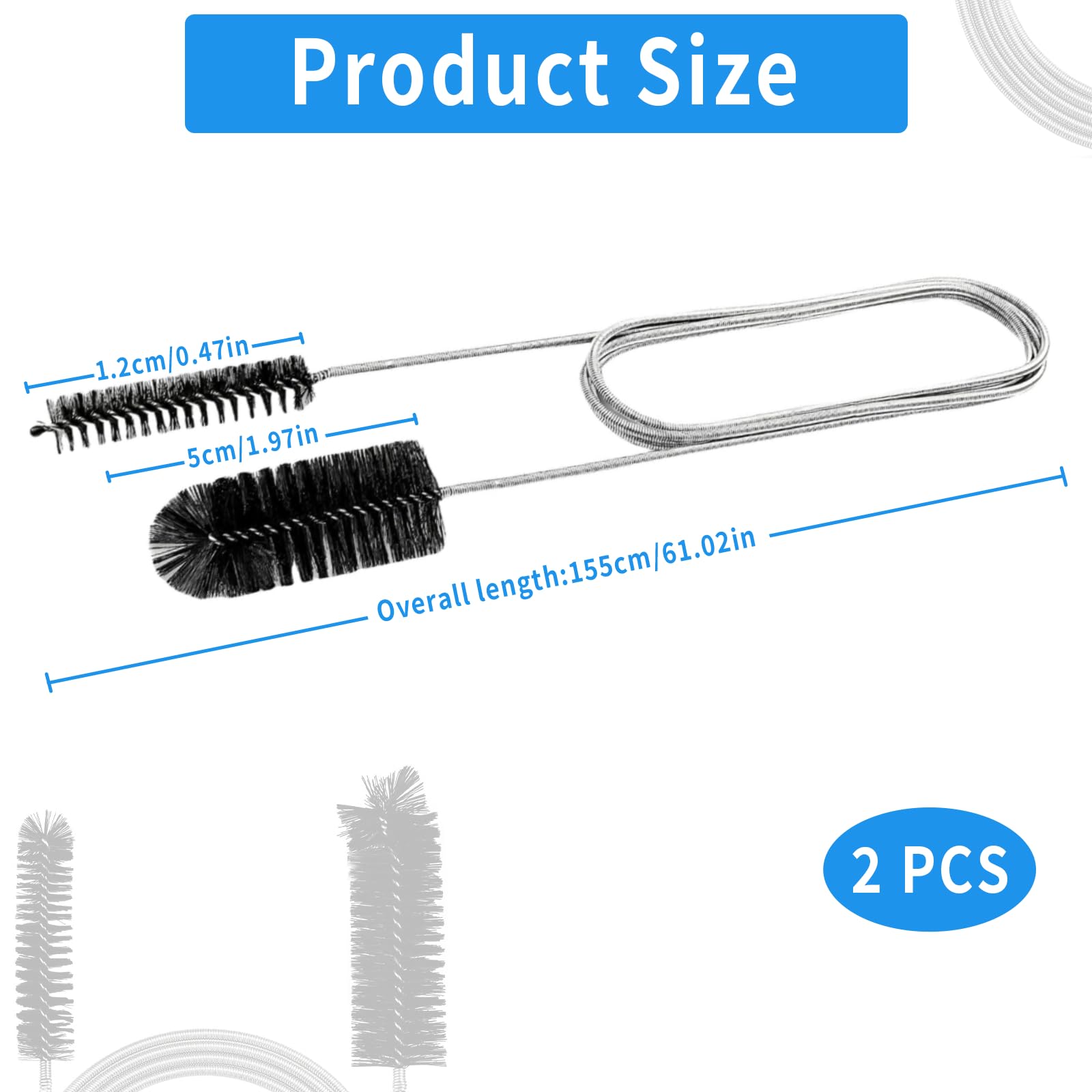 2PCS 155cm Flexible Feeding Tube Cleaning Brush Slim, Slim Pipe Cleaning Tool with Dual Nylon Bristles, Hair Clog Remover & Drain Unblocker Wire for Kitchen Sink, Aquarium, Bathroom Pipes - Image 2