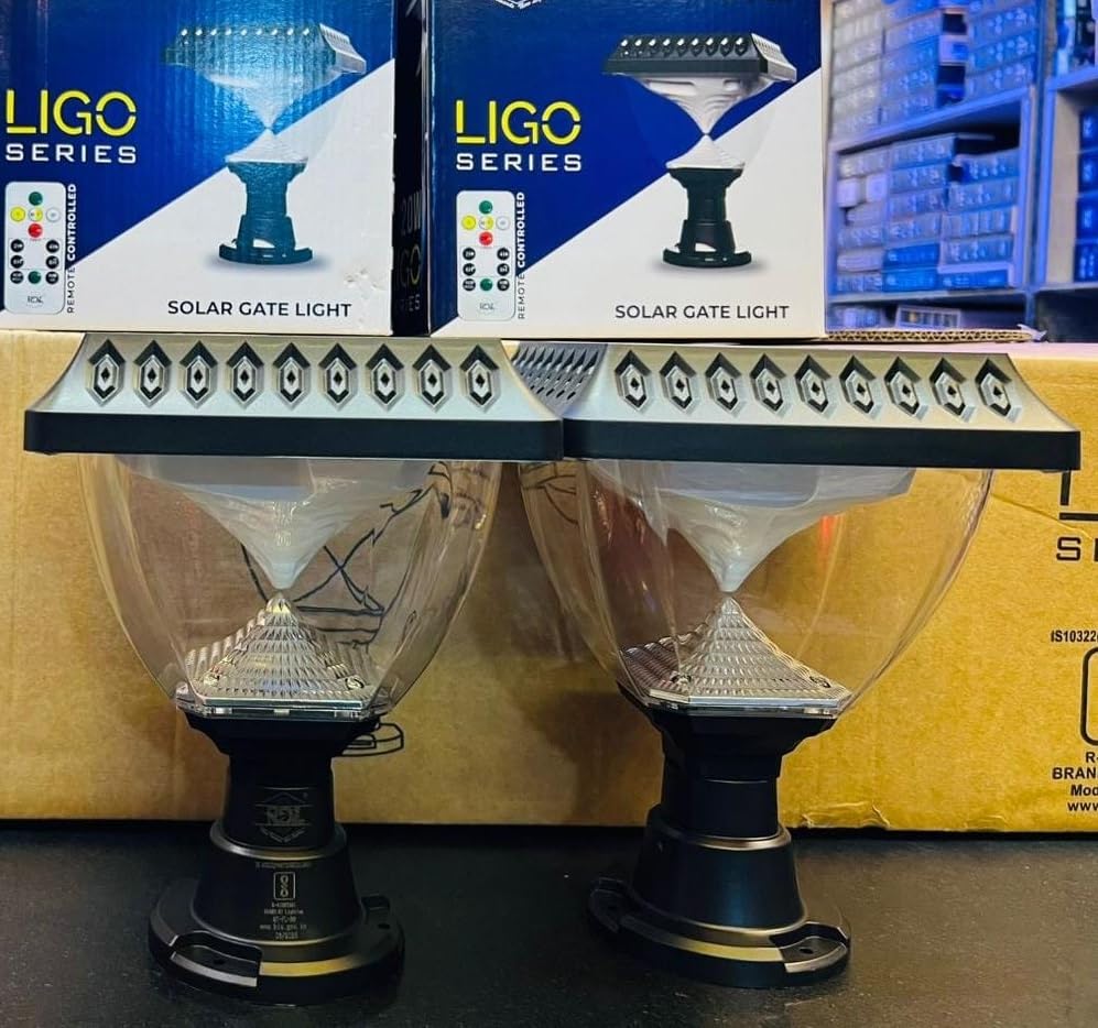 Series Solar LED Gate Light with Remote Control, Black, Waterproof Post Light for Home Garden Wall Outdoor, 20W, (Pack of 2)