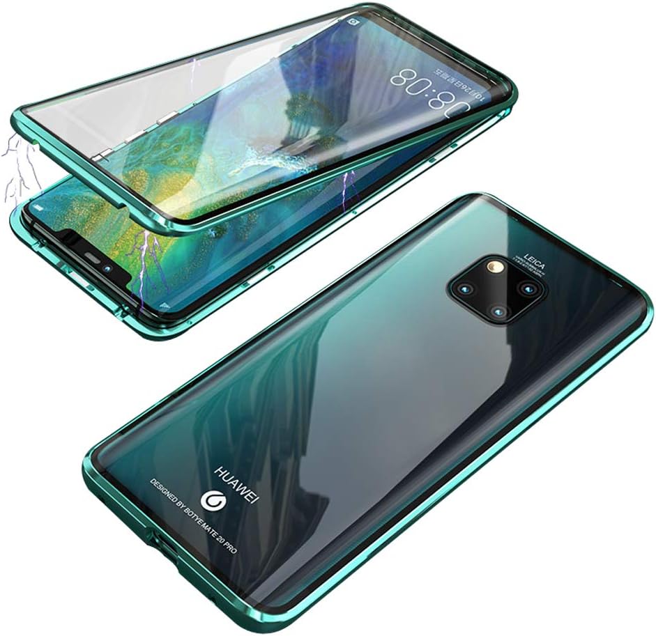 Compatible with Huawei Mate 20 Pro Case, Jonwelsy 360 Degree Front and Back Transparent Tempered Glass Cover, Strong Magnetic Adsorption Technology Metal Bumper (Green)