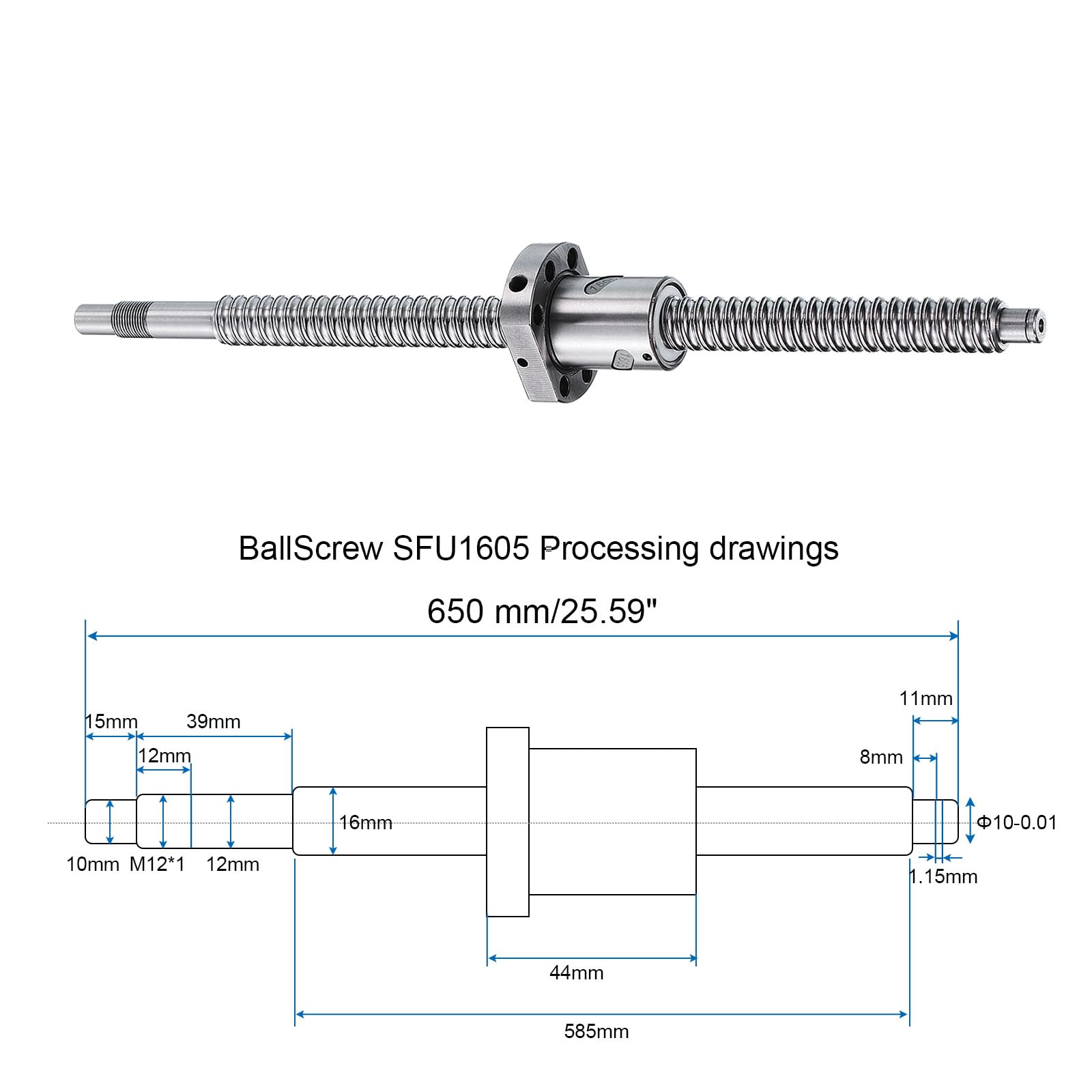 QUARKZMAN Vite a Ricircolo di SFU1605 (Diametro 16mm, Passo 5mm, Lunghezza 650mm) con Dado a Ricircolo di SFU1605 Kit Standard di Vite a Ricircolo Anti-Gioco per Macchine CNC