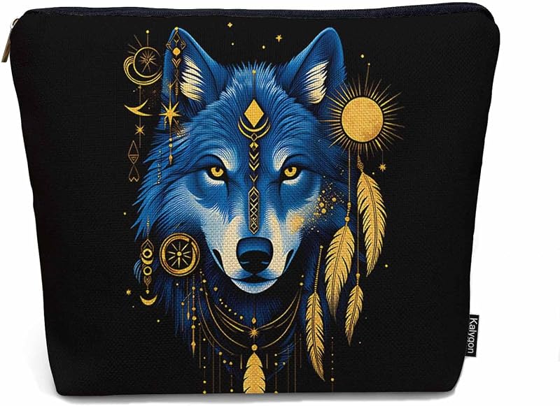 Necessaire Kalygon com estampa de lobo, bolsa organizadora de cosméticos em linho, azul