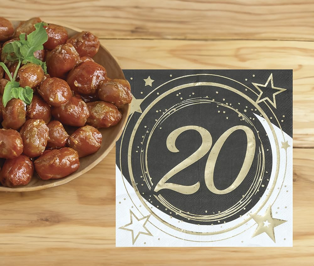 FIESTAS GUIRCA | 20 Disposable 20th Birthday Napkins (6.3x6.3 in) - Table Decoration for Parties and Celebrations - Ideal for Events and Parties - Black, Gold, White