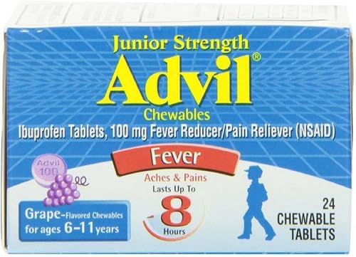 Vista 16 de Advil Junior Strength - Analgésico masticable de ibuprofeno y reductor de fiebre, ibuprofeno infantil para aliviar el dolor, uva, 24 tabletas