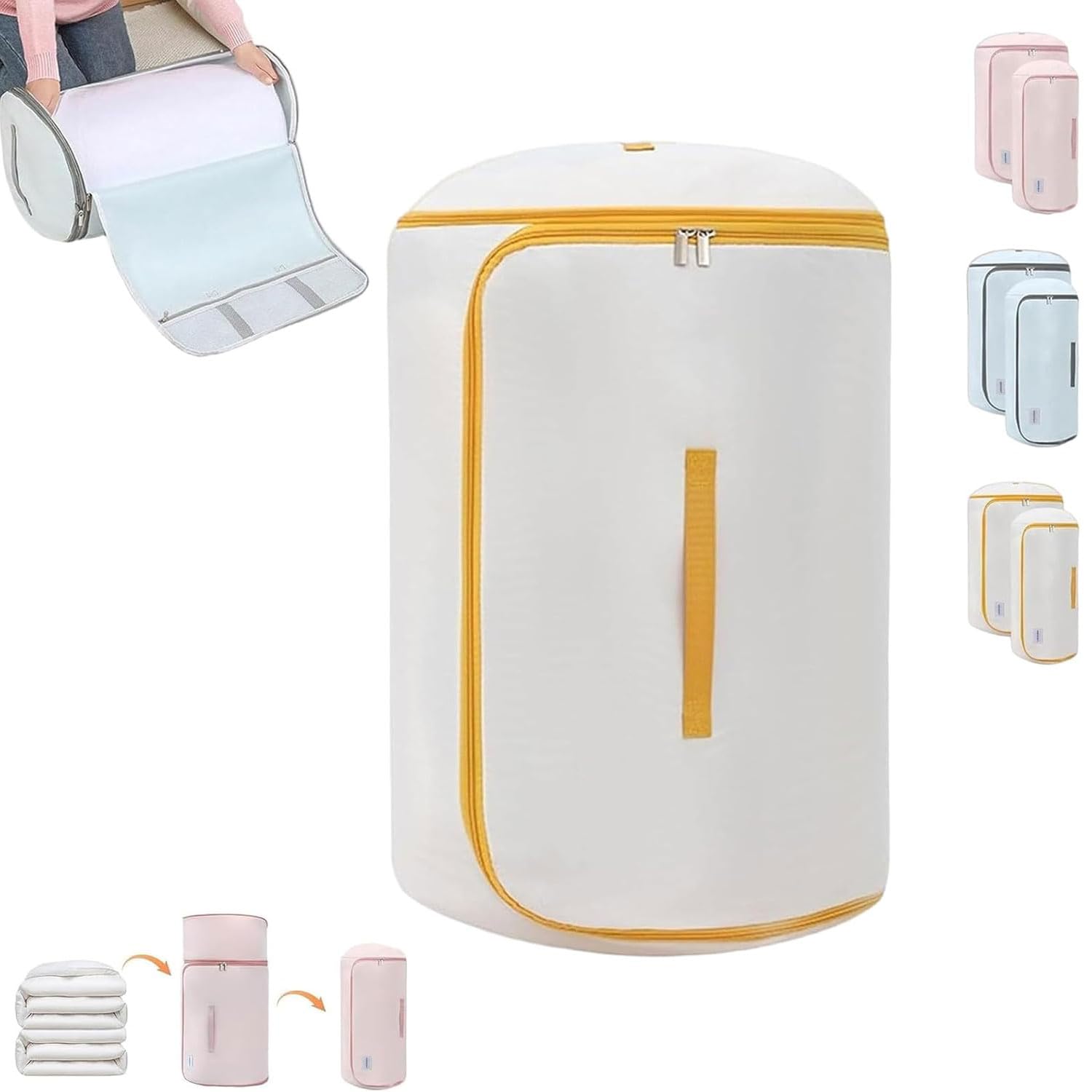 Saving Roll up Self Compression Organizer, Ultra Space Saving Self Compression Organizer, Cylindrical Large Capacity Zipper Compressible Storage Bag for Bedding Blanket Duvet (Beige,L)