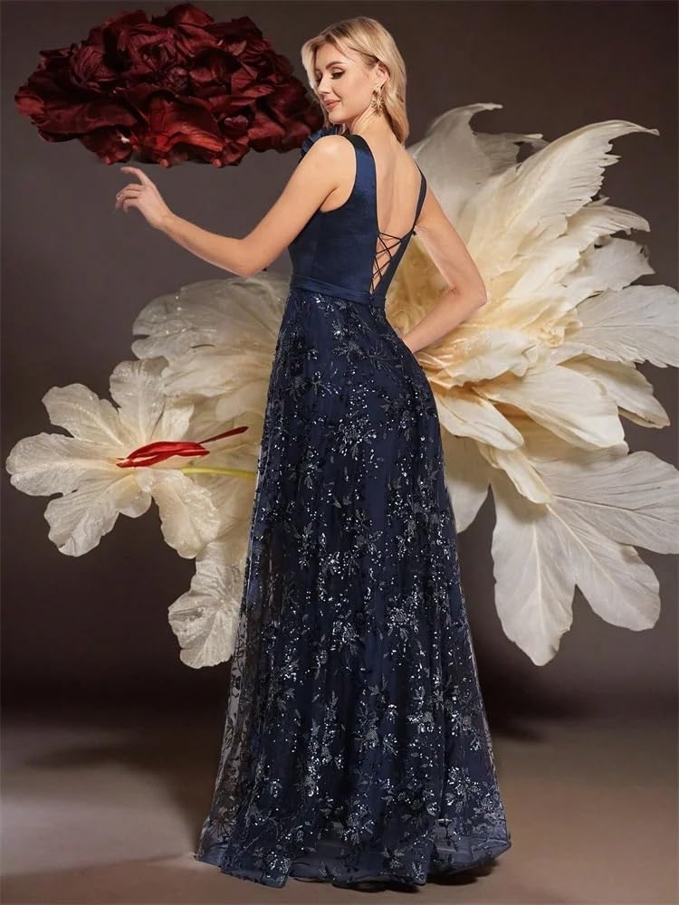 Vestido de Graduación para Mujeres Elegante Vestido de Noche con Escote en V y Flores Doradas, Largo de Gasa sin Mangas for Mujer, Vestido de Fiesta, Vestido de cóctel de graduación(Blue,S)