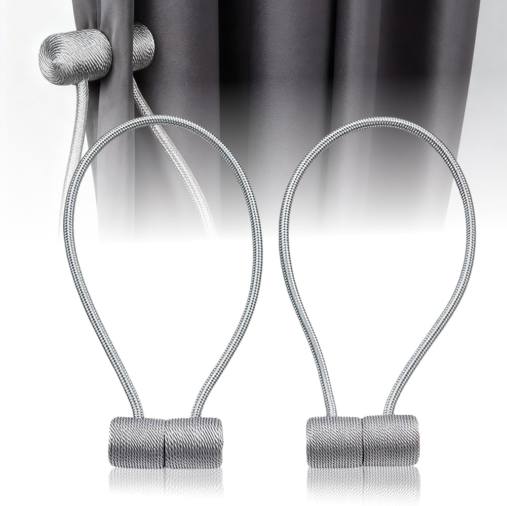 2Pcs Magnetic Curtain Tie Backs Holder, Heavy Duty Modern Rope Tiebacks for Drapes, No Drill No Damage Decorative Holdbacks for Living Room Bedroom/Silver
