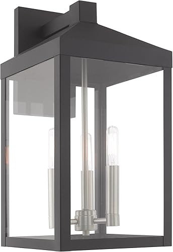 Livex Lighting 20584-76 Nyack - Linterna de pared para exteriores de 17.5 pulgadas, tres luces, acabado gris escandinavo con vidrio transparente