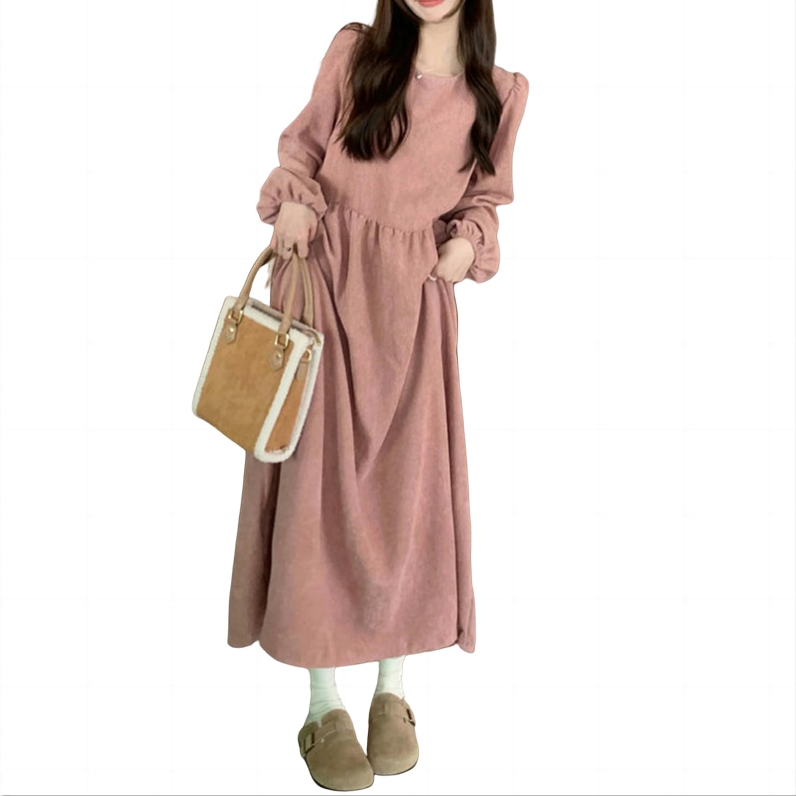 Vestito Donna Autunno Abito A Velluto A Velluto A Maniche Lunghe di Lanterna Francese Femminile Abito Lungo da Donna-Rosso Chiaro-XL