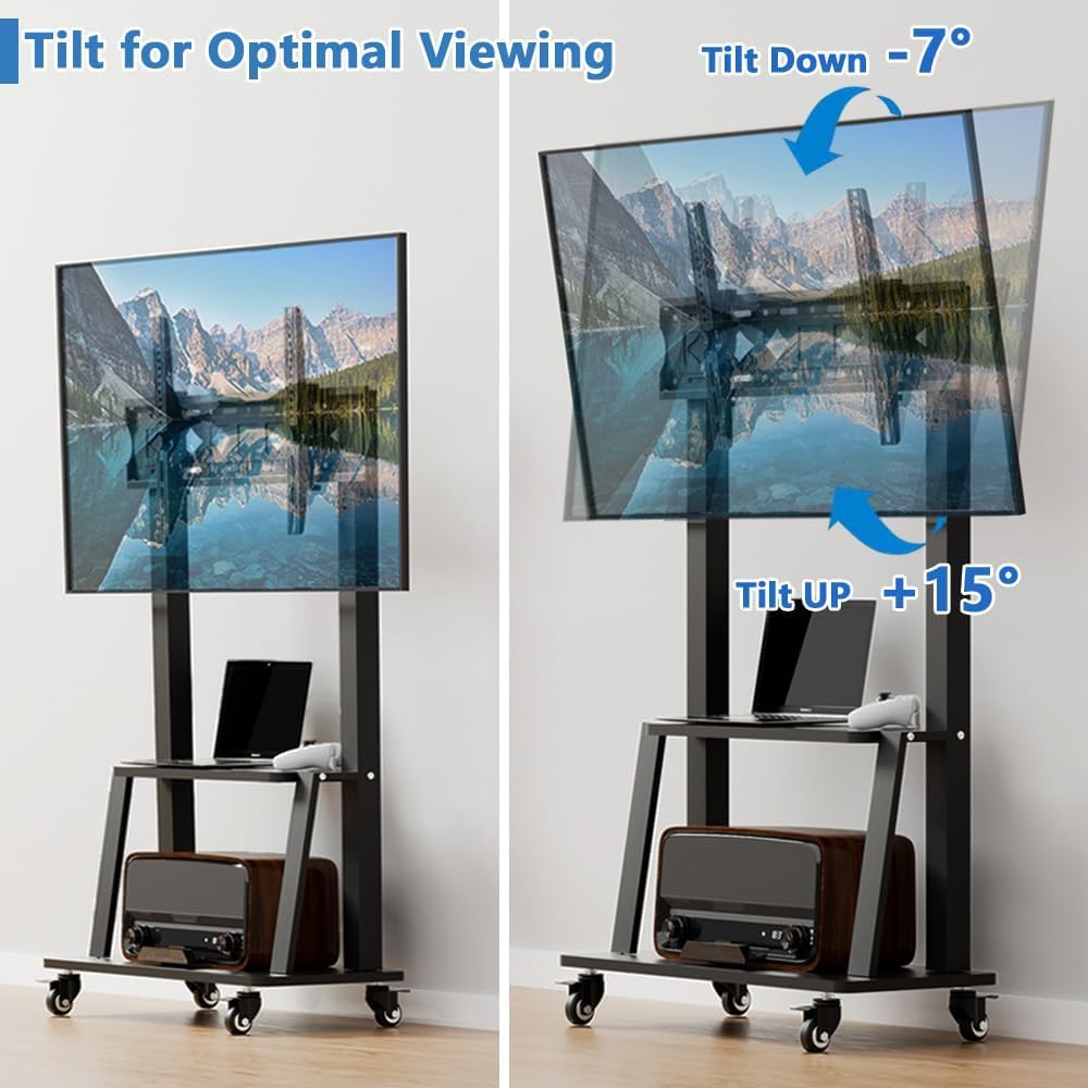 Rollbarer TV-Ständer, Fernsehständer mit Rollen, Tragbarer TV-Wagen auf Rollen für 32-75-Zoll-Fernseher, mobiler TV-Ständer mit Ablage, höhenverstellbar, trägt bis zu 130 lbs, Vesa 600×400