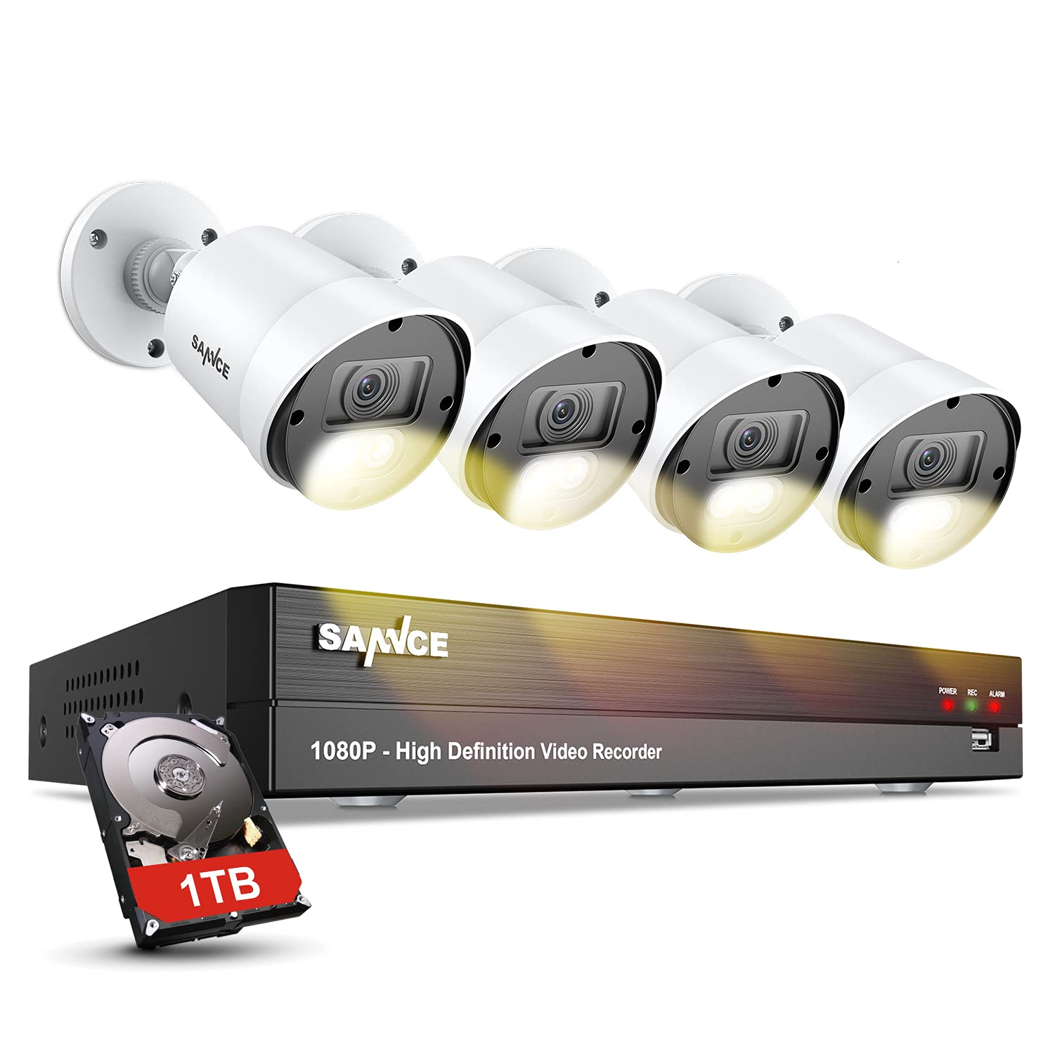 SANNCE Security Surveillance Camera System with Color Night Vision,8CH CCTV System and 4xTrue 1080P Outdoor Indoor Camera with 1 LED Spotlight, Smart Motion Detection and 1TB Hard Drive Included