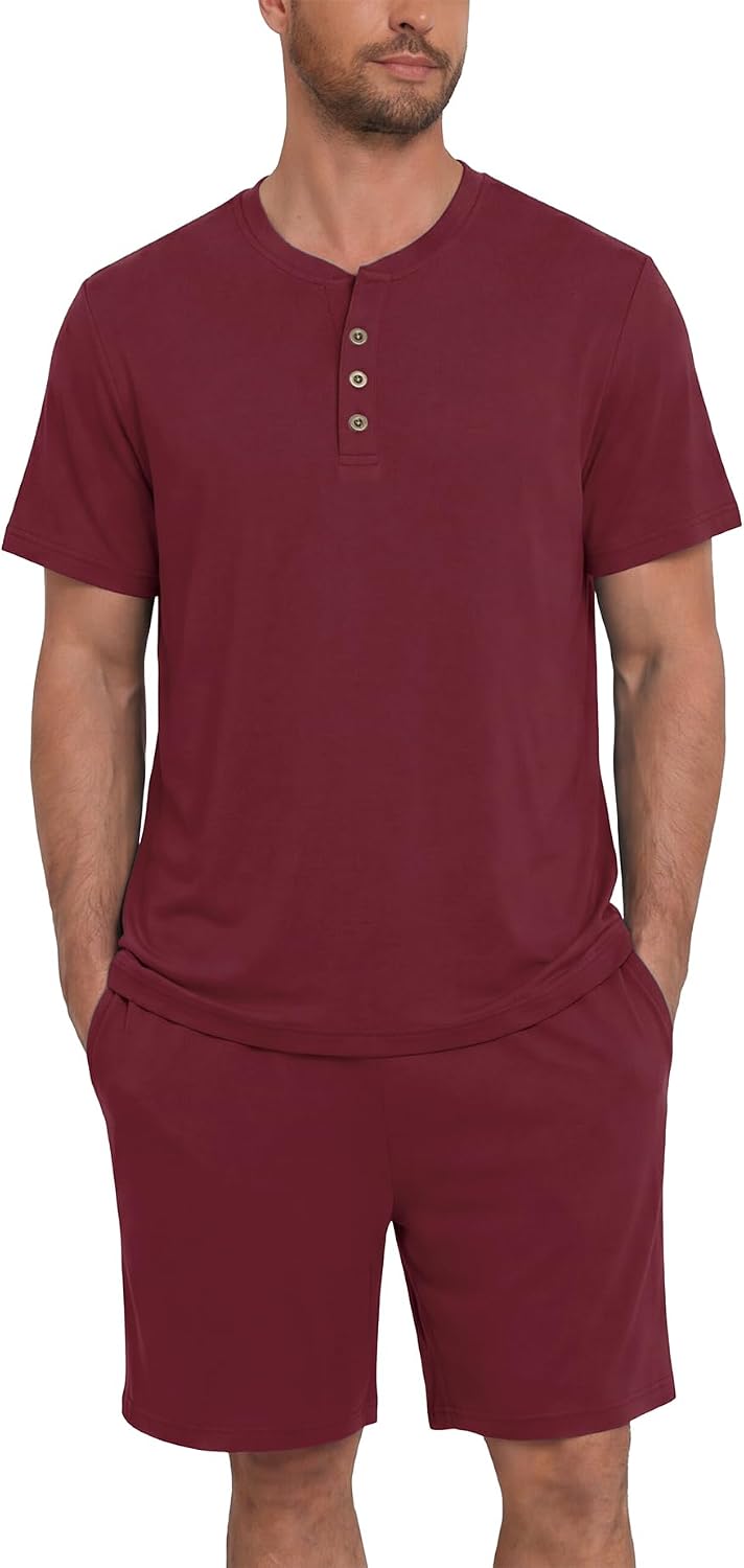 Men's Short Sleeve Henley Pajama Set 2 Piece Button Sleepwear Soft Casual Loungewear with Pockets