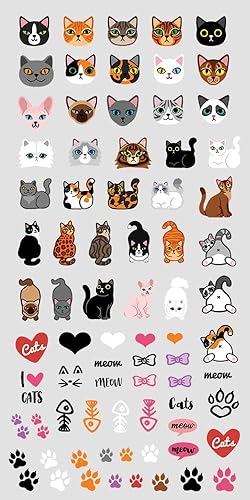 WIRESTER Removable Vinyl Decal Stickers Decoration for iPad MacBook Laptop, Phone Case, Wall, Refrigerator (Or Any Flat Surface), Cute Cats, I Love Cats, Cat Paws, Fish Bone, Meow, Heart (74 Stickers) - Cats