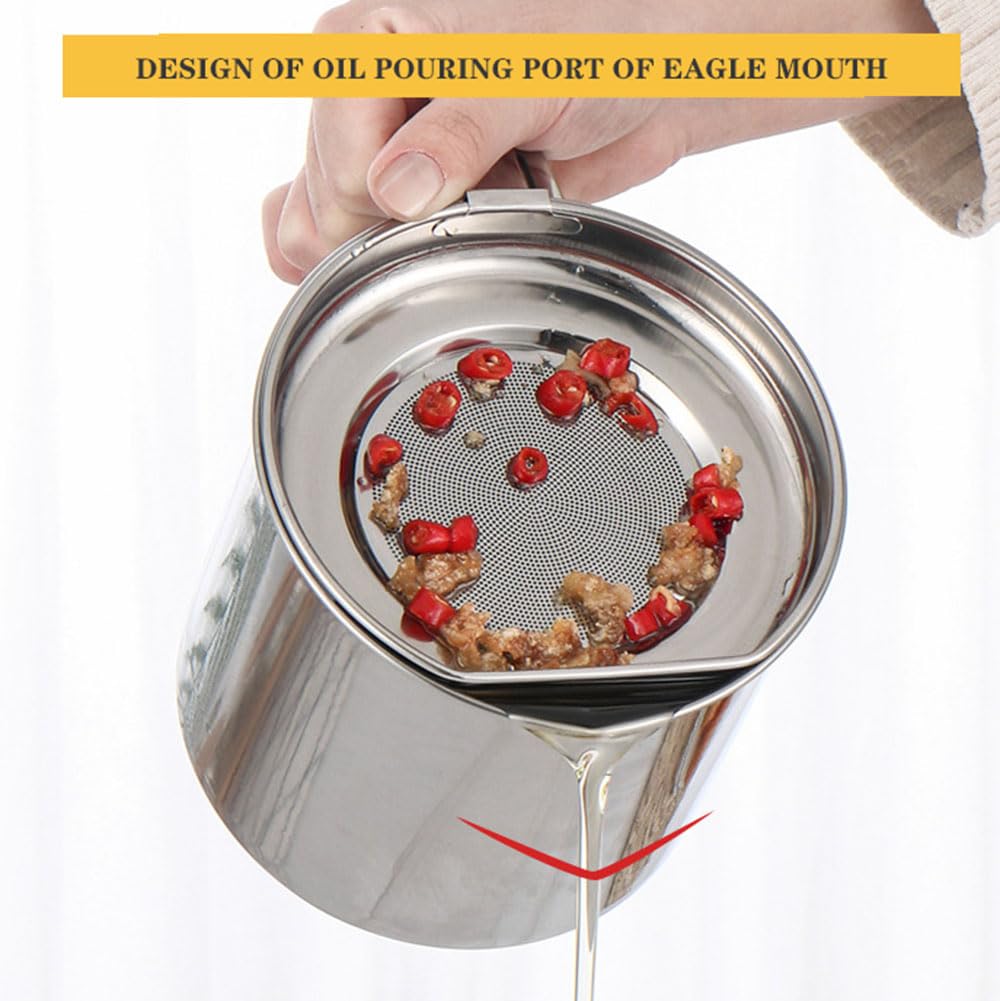 Filtro dell'olio in acciaio inox con colino per cucina, contenitore per grasso per pancetta con coperchio antipolvere, adatto per conservare olio per friggere e grassi da cucina (dimensioni: 1,7 L)