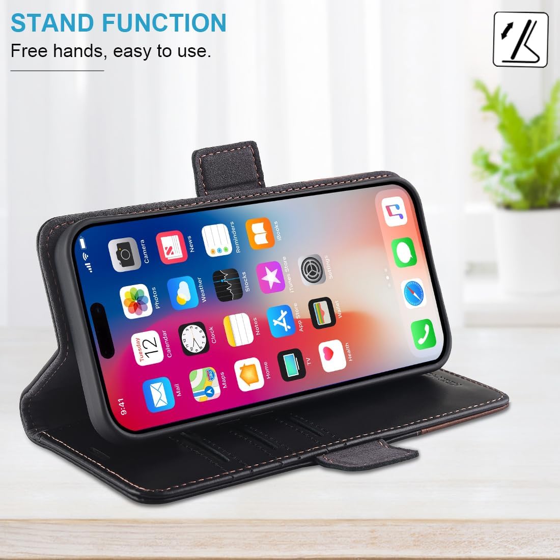 KEZiHOME for iPhone 15 Pro Max Case, Genuine Leather [RFID Blocking] Card Slot Magnetic Stand Phone Cover Wallet Case Compatible with iPhone 15 Pro Max 5G - Image 4