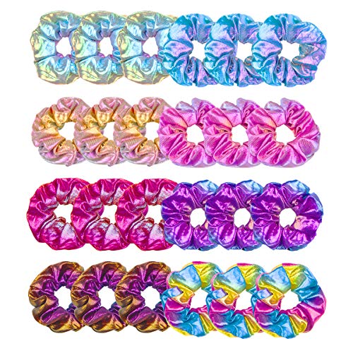 MOLYHUA Hair Scrunchies for Girls, 24 Pcs Shiny Scrunchies Metallic Hair Tie for Women