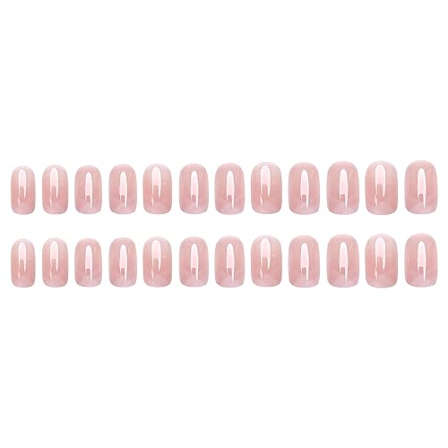 Miniatura 2 de 24 uñas postizas cortas a presión color rosa nude uñas postizas de gel acrílico brillante rosa suave uñas francesas con diseños cuadrados ataúd