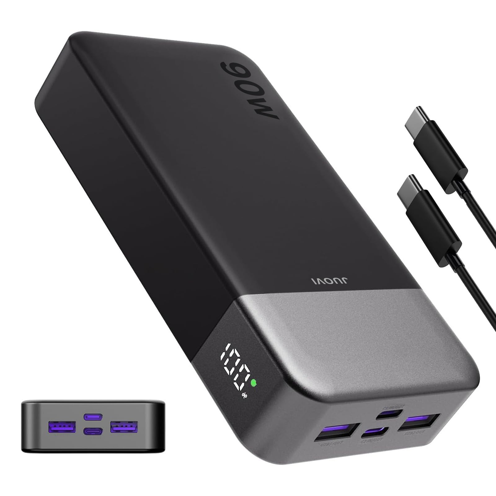 JUOVI Power Bank Portatile da 90W, Power Bank Ricarica Rapida da 20000mAh, Caricatore Portatile con 2 porte USB-C e 2 USB-A, Battery Bank per MacBook, Serie iPhone 17/16/15, Galaxy (Nero)