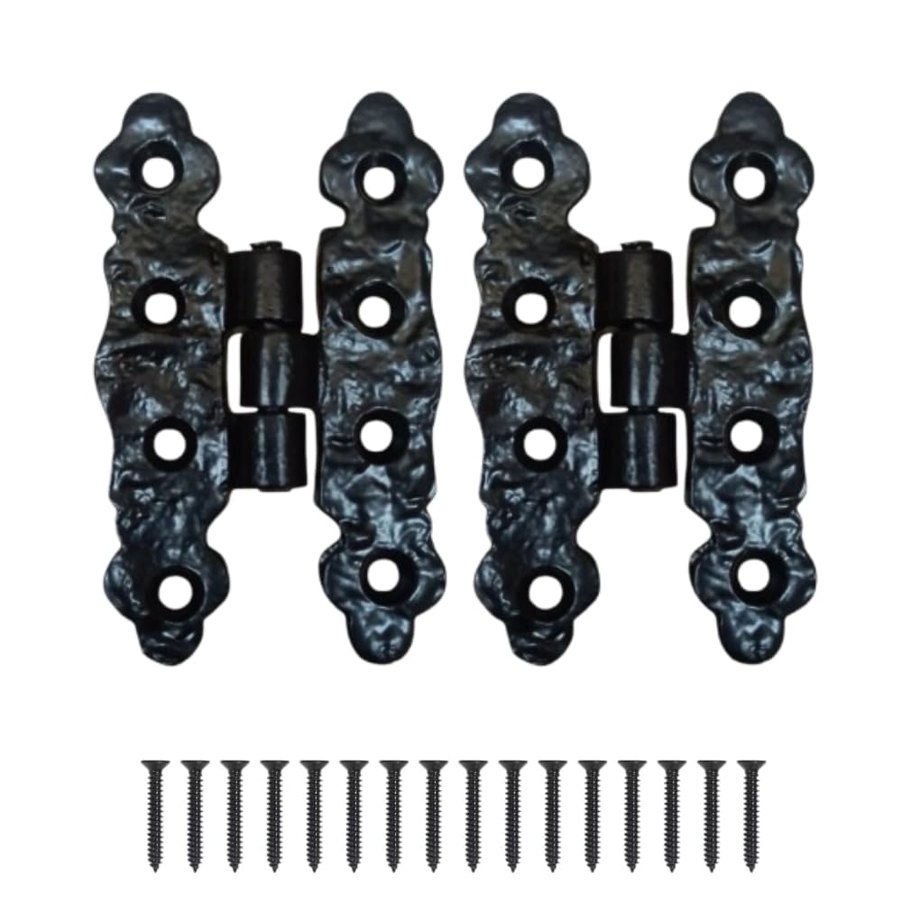 Black Fleur de LYS Cast Iron Gothic Cabinet Hinges 80mm X 40mm Antique Finish Tudor Style Wrought Cast Iron Door & Cupboard Hinges with Screws Pack of 2