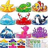 80UncleKimby 27PCS Under the Sea Party Crafts: DIY Paper Crowns Bulk Favors Hats for Birthday Activities - Fish Shark Animal Ocean Themed Decorations, Art and Craft Headbands Kit