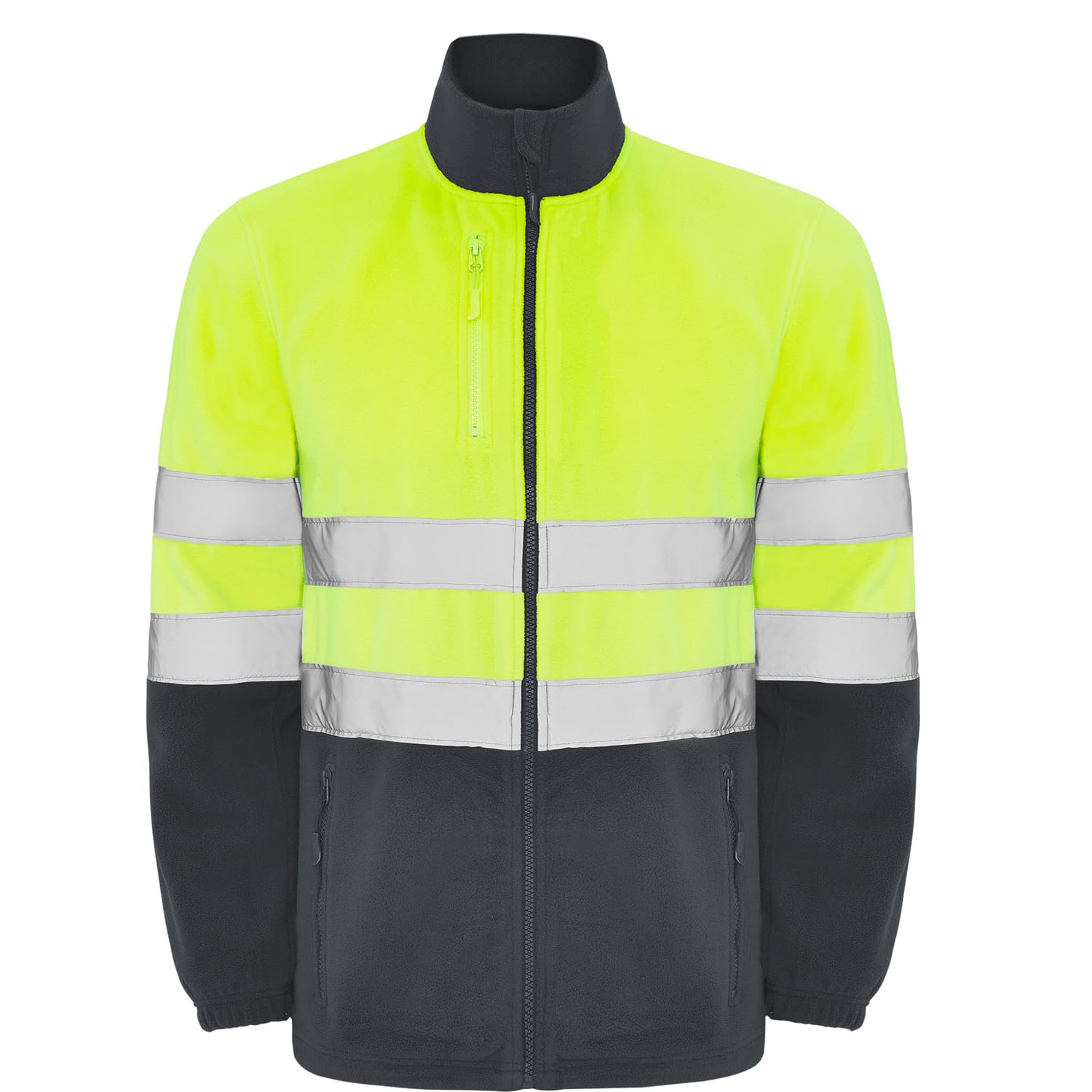 Chaqueta polar alta visibilidad adulto con cintas reflectantes, cremallera completa, bolsillos frontales y pecho, 100% poliéster