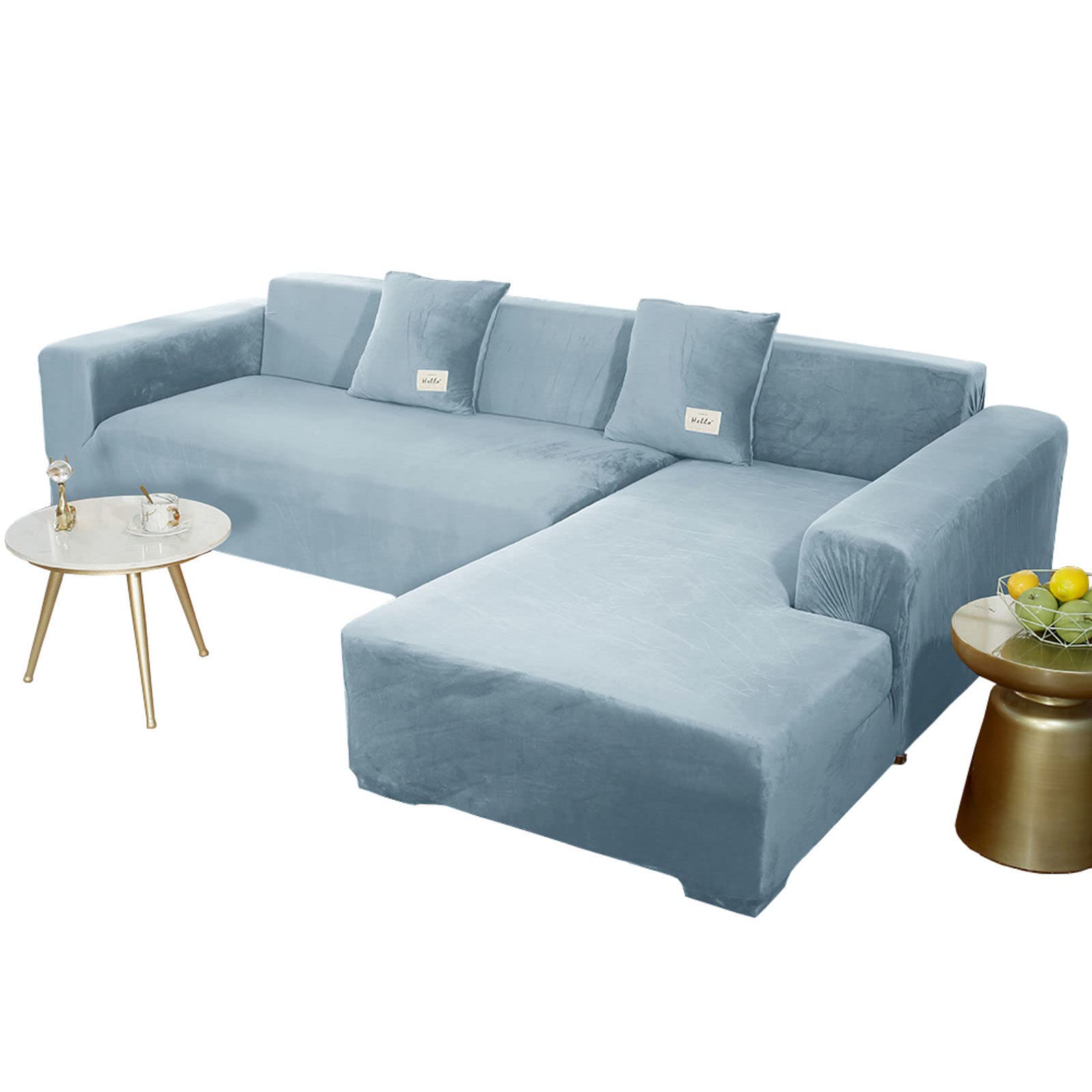 JHLD Sectional Couch Covers, Stretch Sofa Cover Velvet L-shaped Sofa Cover Soft Non Slip Furniture Protector For Corner Sofa-Light blue-2 seater+3 seater