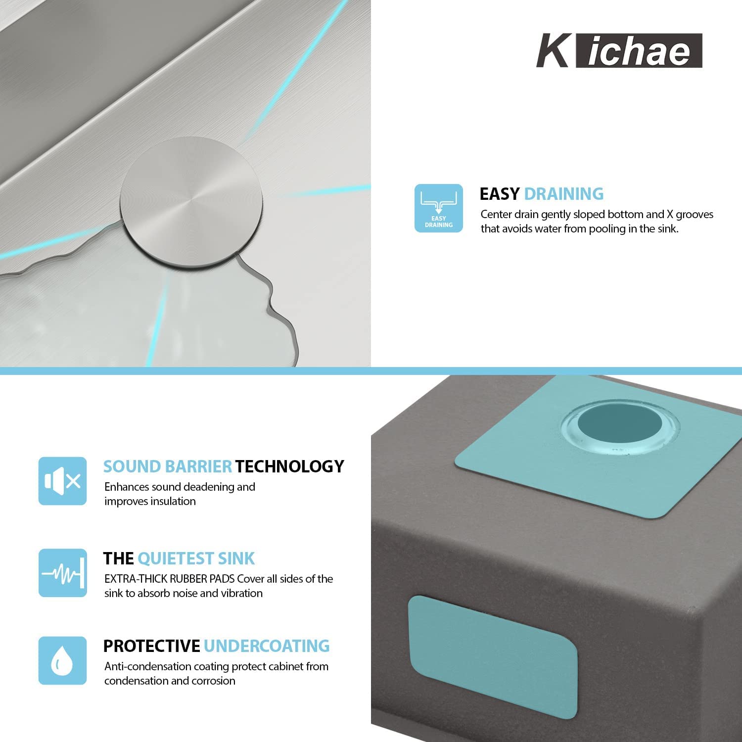 Kichae 23 Inch Kitchen Sink Undermount Single Bowl 16-Gauge Stainless Steel Handmade Modern Bar Prep Kitchen Sink Round Corner Sink