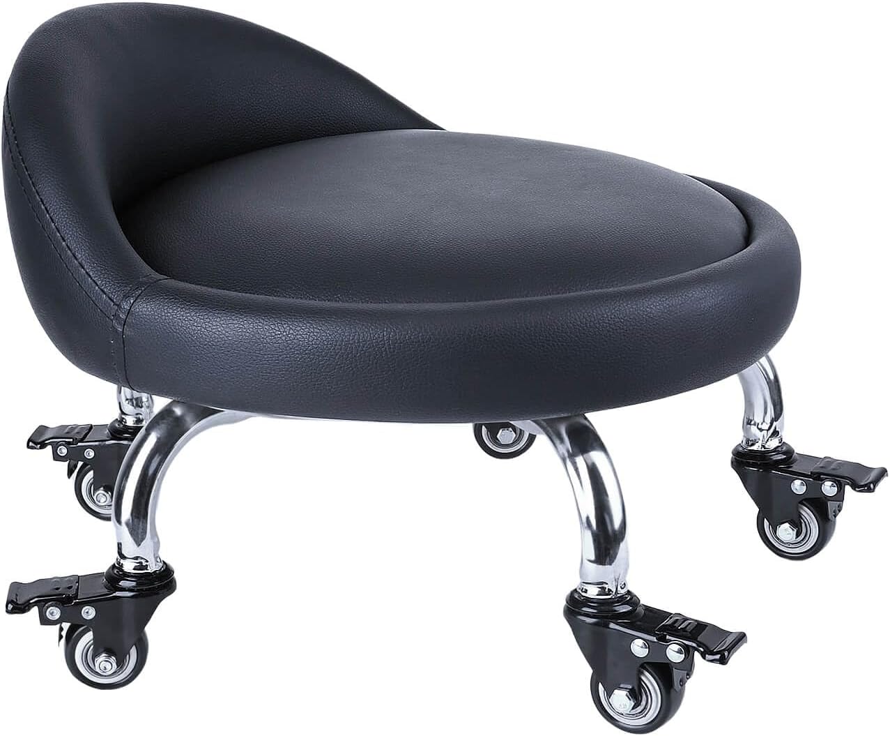 Rolling Stool with Back Low Rolling Seat with 5 Bearing Wheels with Brakes Soft and Waterproof Roller Stool for Home Office, Garage, Library, Shop Daily Lives Black