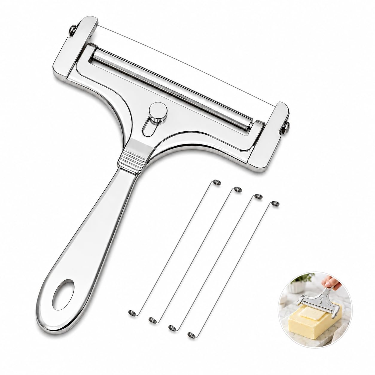 Trancheur à fromage manuel inox 4 fils de rechange réglable coupe-beurre portable argent brillant