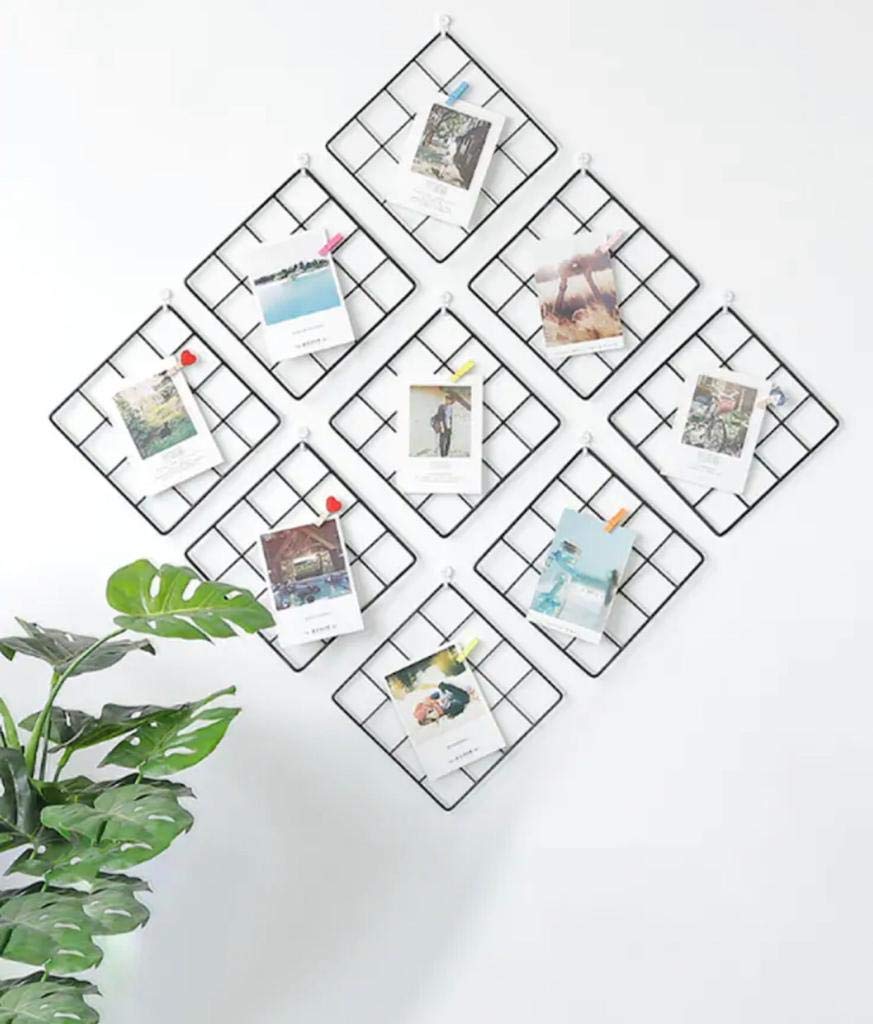 PIKIFY Painted Wire Wall Grid Panel Decorative Steel Hanging Art Display Photo (12" X 12",Black) Decorative Show Pieces Wall Mounted-6PC Without Flowers 1