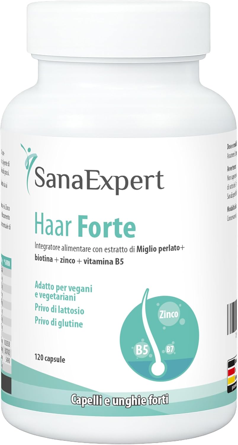 SanaExpert Haar Forte – Integratore per Capelli e Unghie – Con Biotina, Zinco, Miglio Perlato e Selenio – 120 Capsule Vegane – Prodotto in Germania