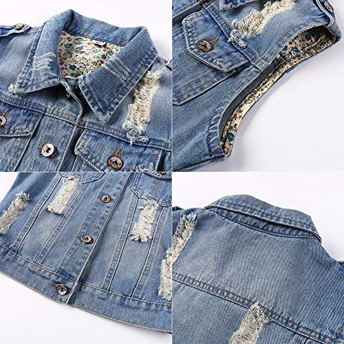 Fesky Womens Blue Denim Vest Jean Waistcoat Vest Distressed Jacket For Women Girls Sleeveless #TOP3